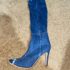 Thigh high stretchy blue jean boots
